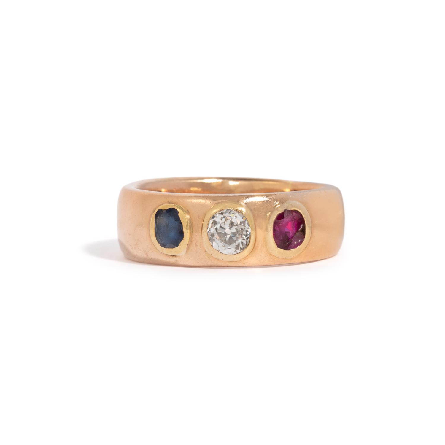 ROSE GOLD, SAPPHIRE, DIAMOND AND RUBY RING