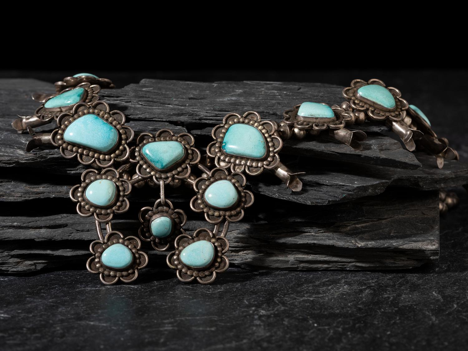 Navajo Silver and Turquoise Squash Blossom Necklace