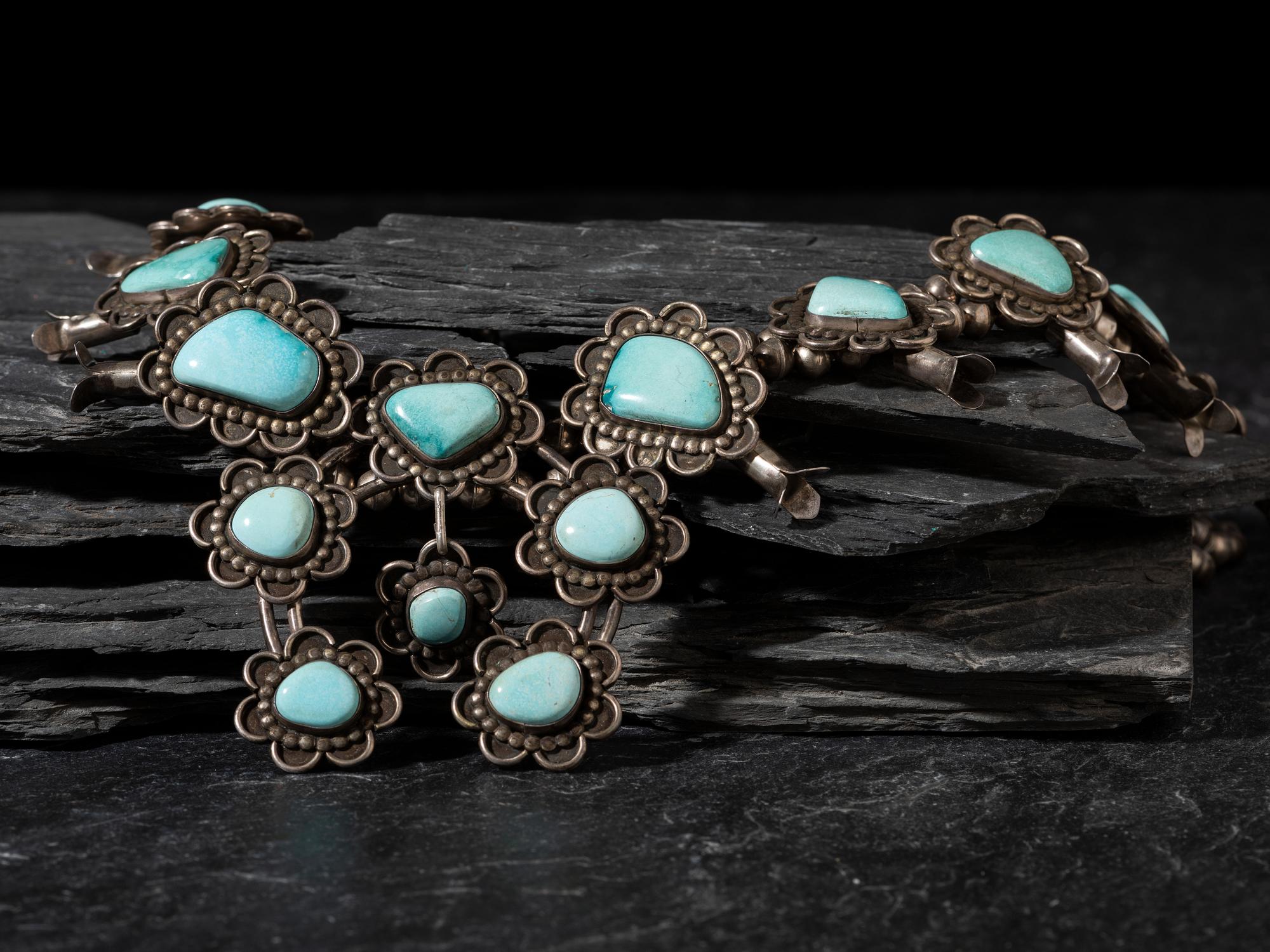 Navajo Silver and Turquoise Squash Blossom Necklace