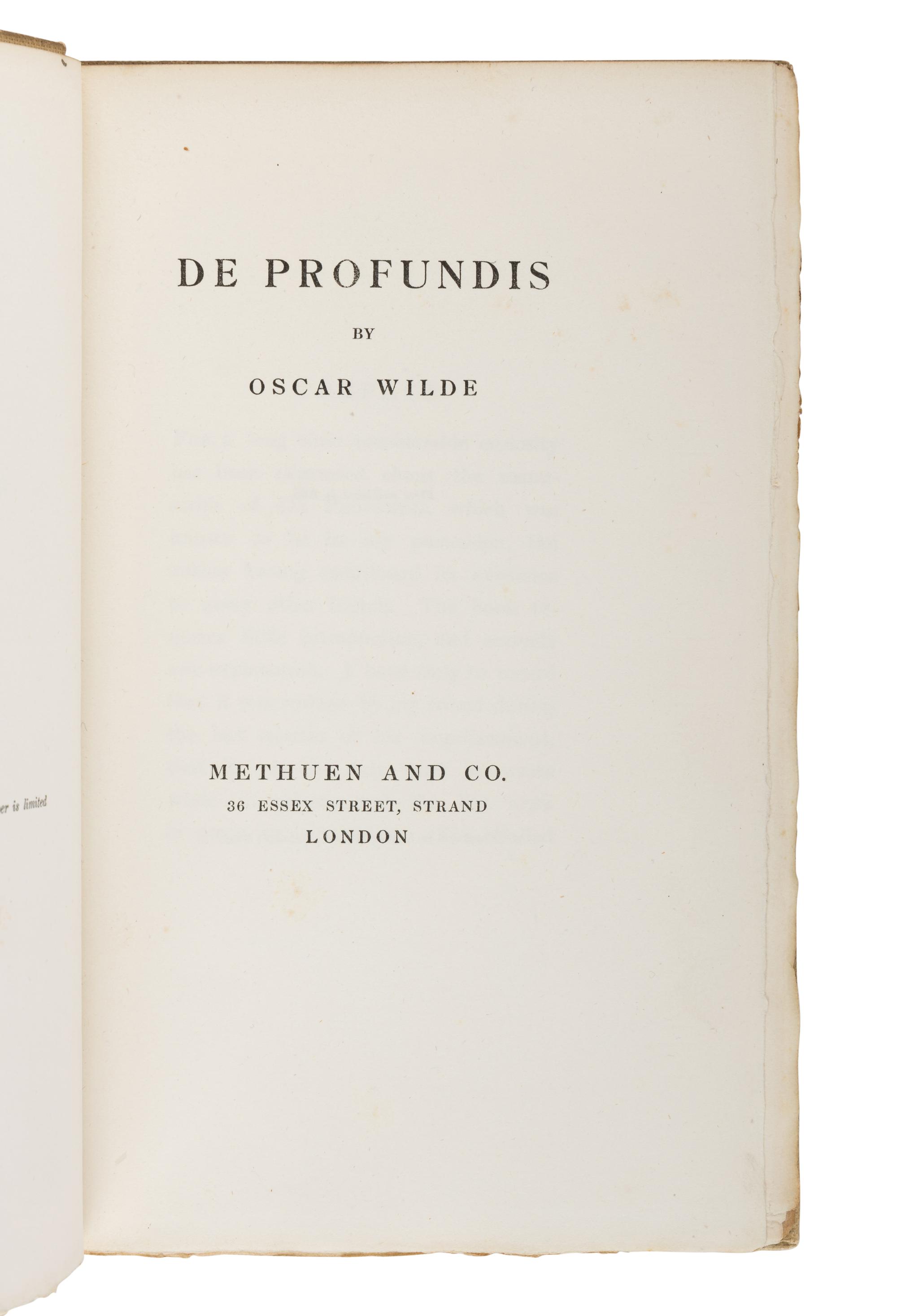 WILDE, Oscar (1854-1900). De Profundis . London: Methuen and Co., 1905.