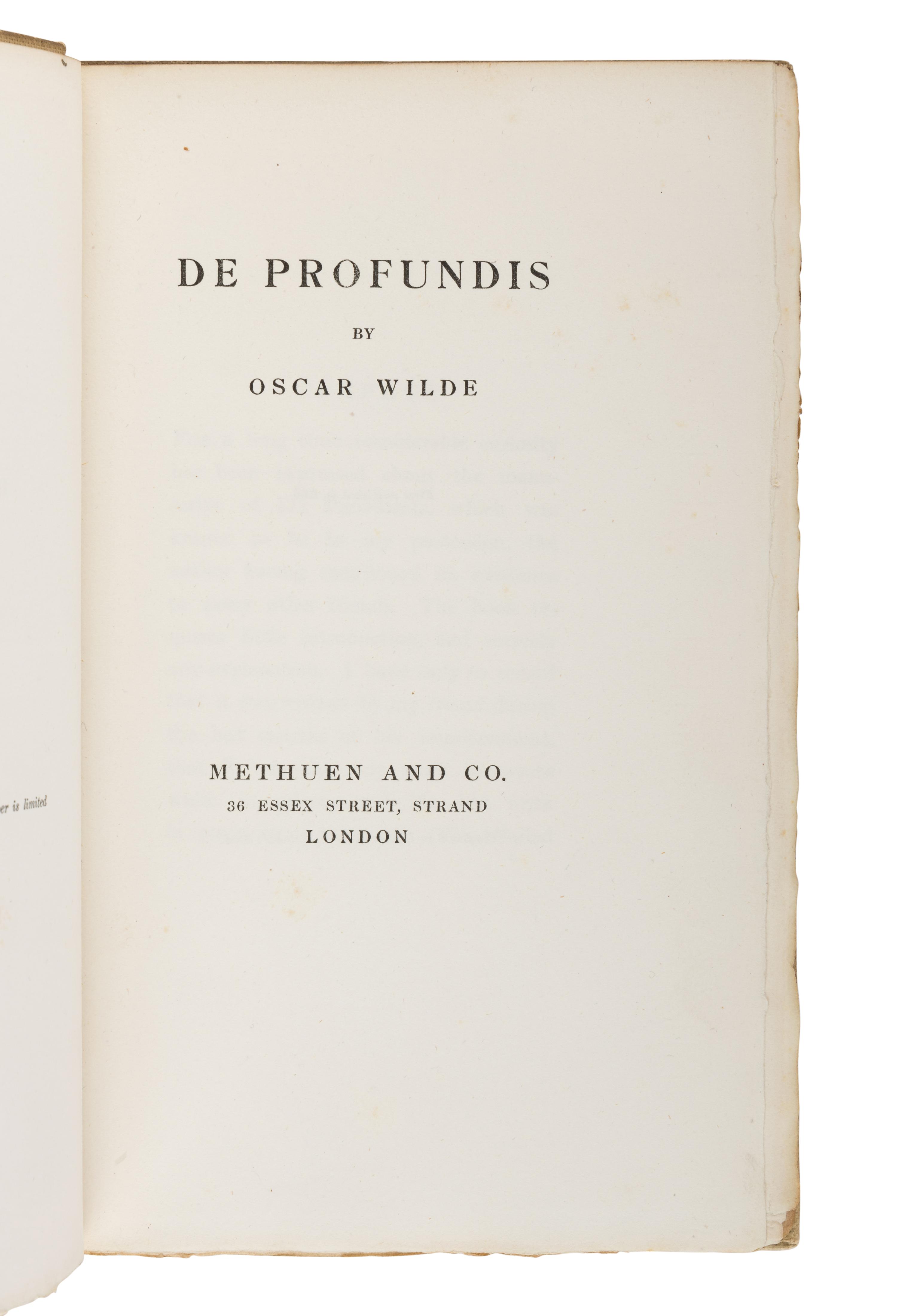 WILDE, Oscar (1854-1900). De Profundis . London: Methuen and Co., 1905.