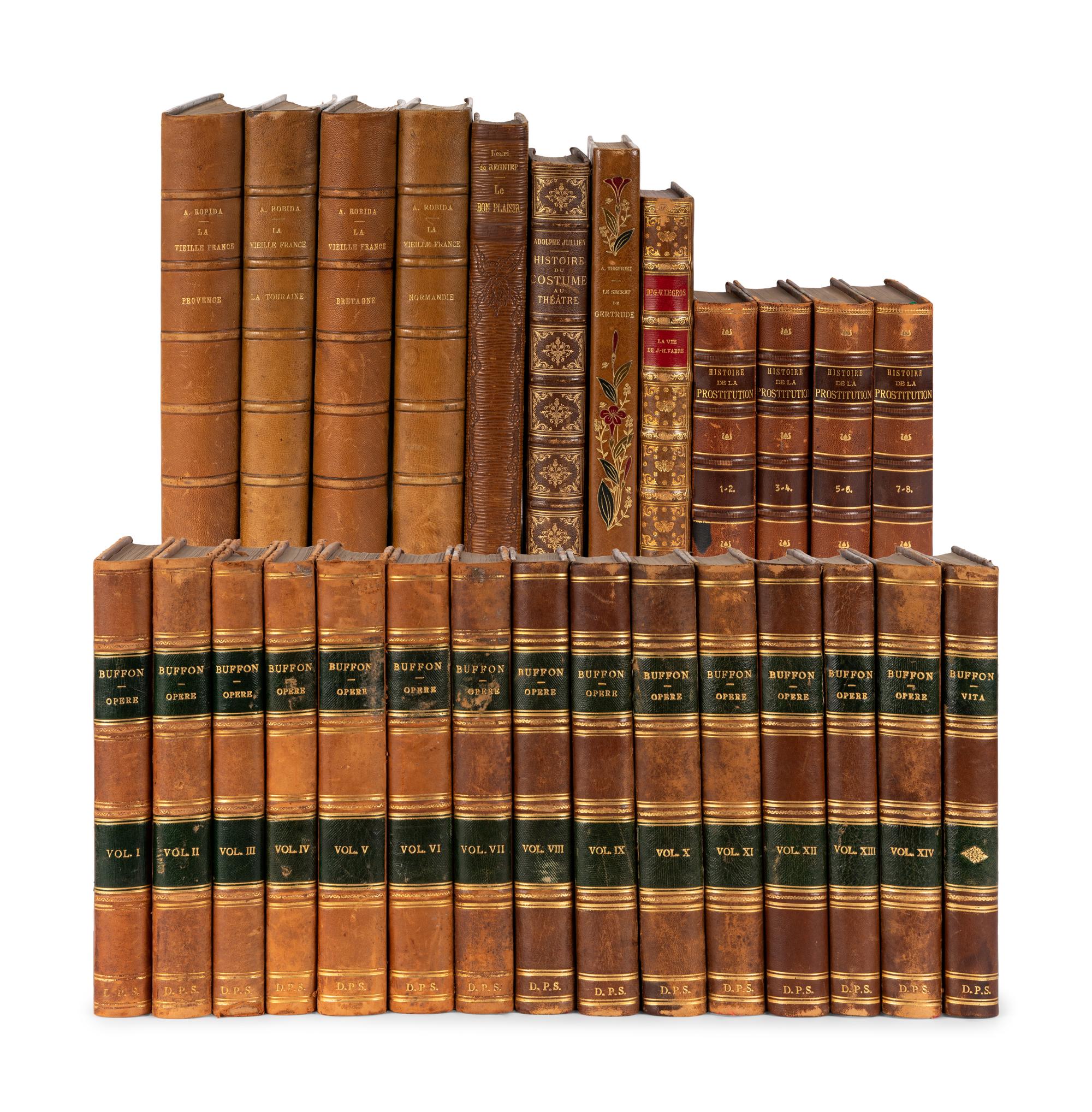 [FINE BINDINGS]. A group of 27 volumes in fine full, half, and quarter leather bindings, including works relating to theater, art and history in French or Italian.