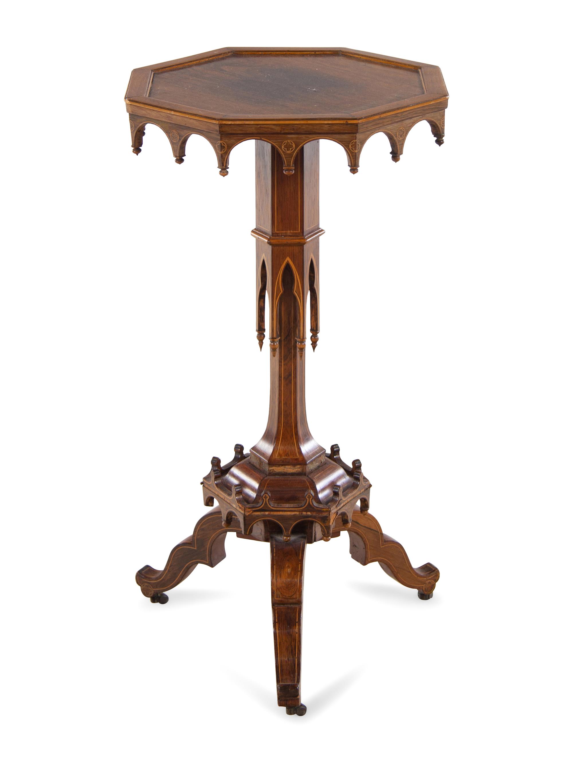 A Charles X Line Inlaid Rosewood Octagonal Occasional Table in the Gothic Taste