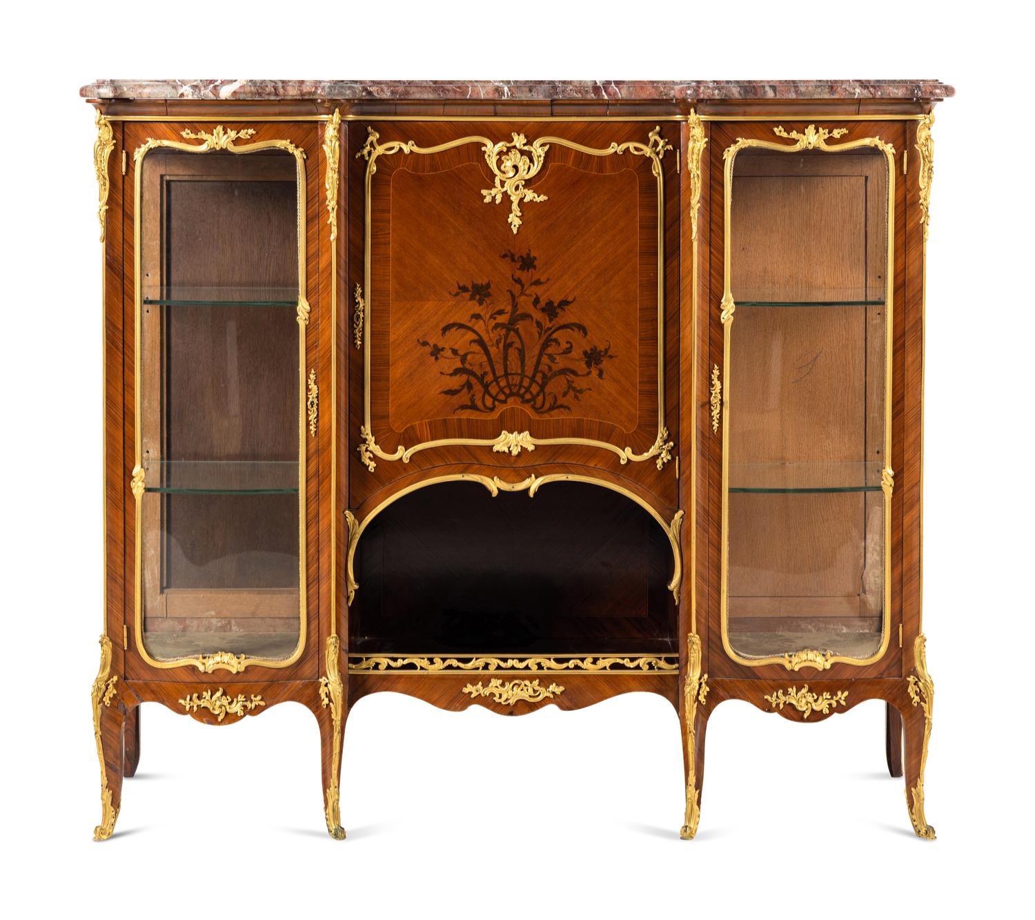 A Louis XV Style Gilt Bronze Mounted Kingwood and Marquetry Marble-Top Vitrine