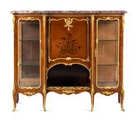 A Louis XV Style Gilt Bronze Mounted Kingwood and Marquetry Marble-Top Vitrine