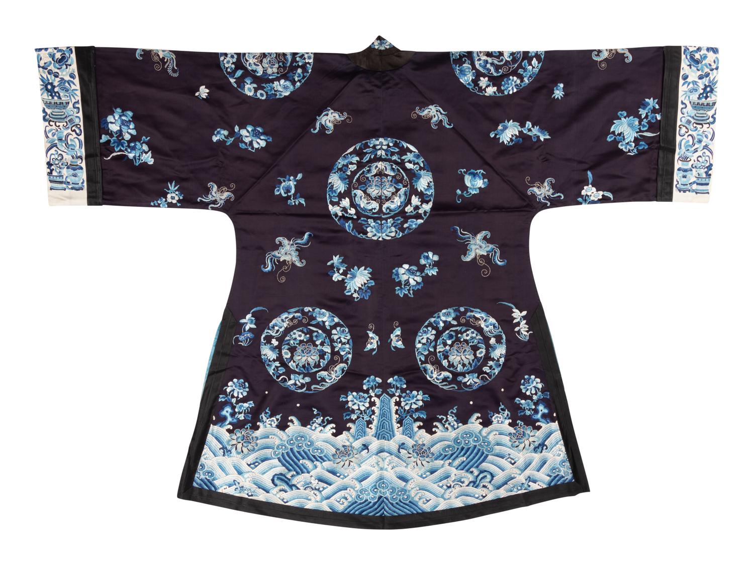 Two Black Ground Embroidered Silk Lady's Robes