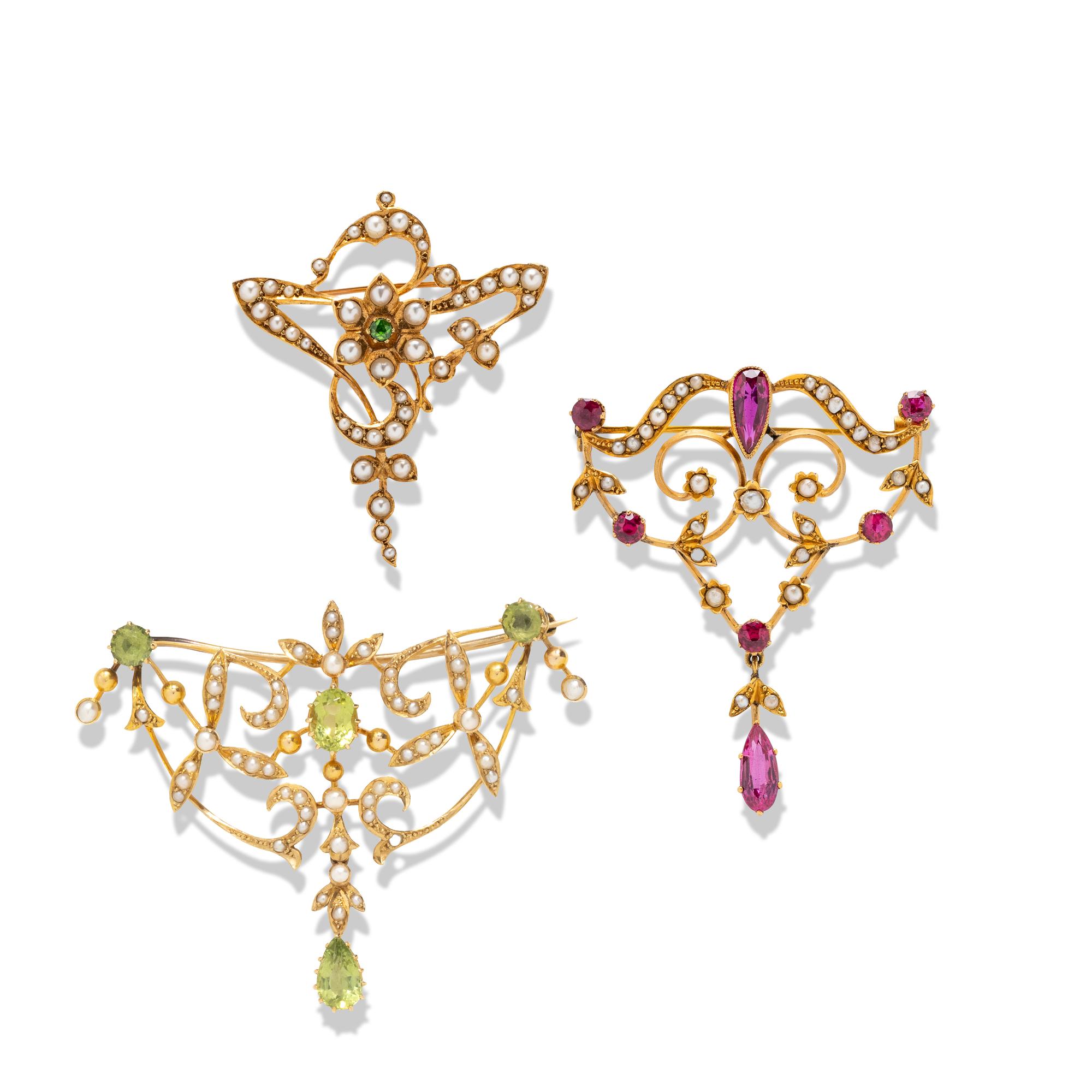 COLLECTION OF SEED PEARL AND MULTIGEM PENDANT BROOCHES