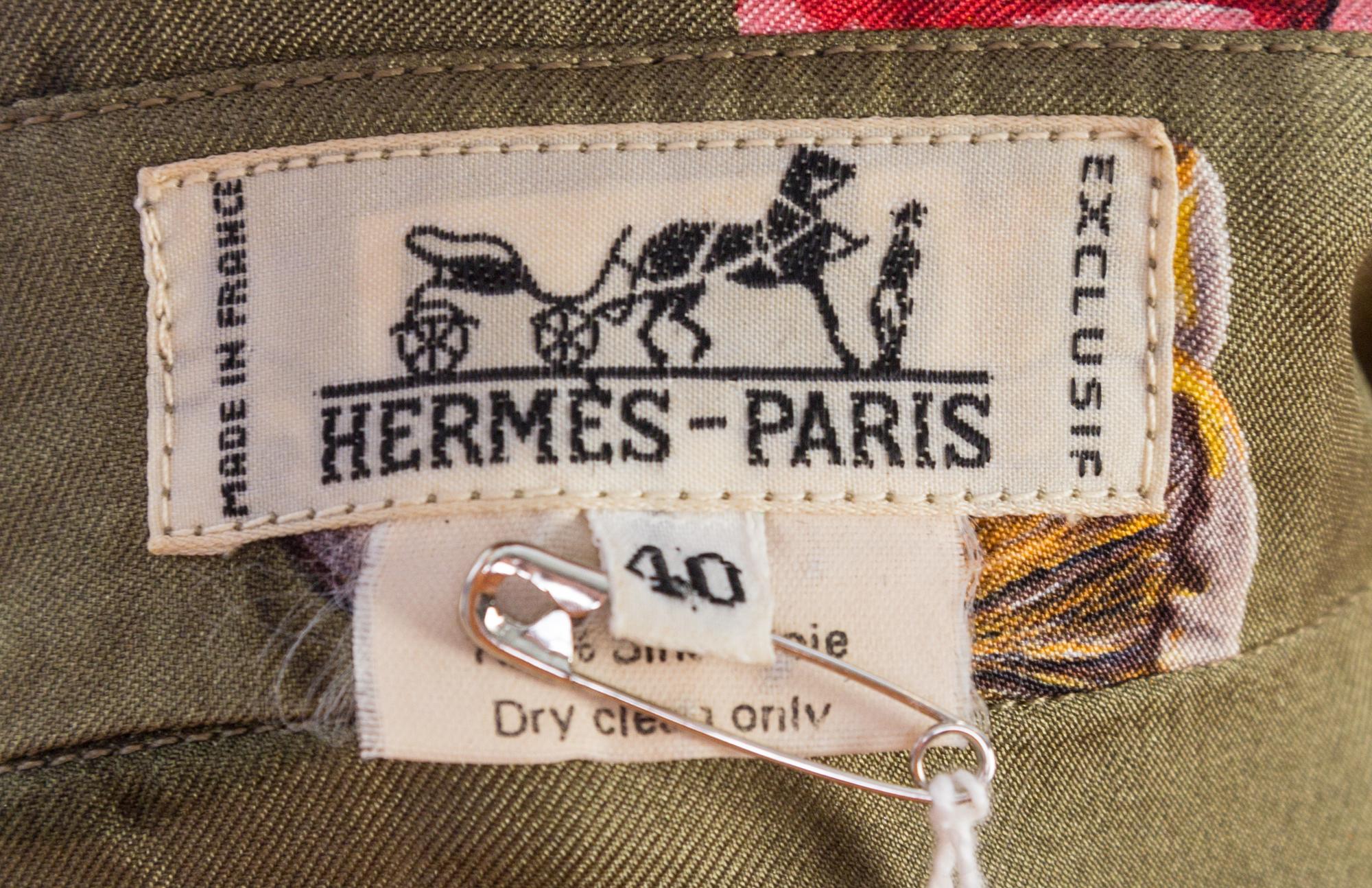 An Hermes Olive Silk Patterned Blouse, Size 40.