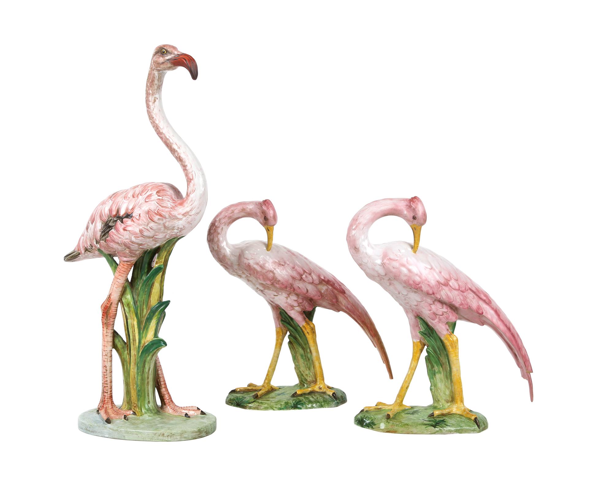 Three Glazed Porcelain Figures of Pink Flamingos Height of tallest 18 3/4 inches — 20TH CENTURY