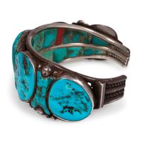 Navajo Silver and Turquoise Cuff Bracelet, with Inlay on Interior and Front