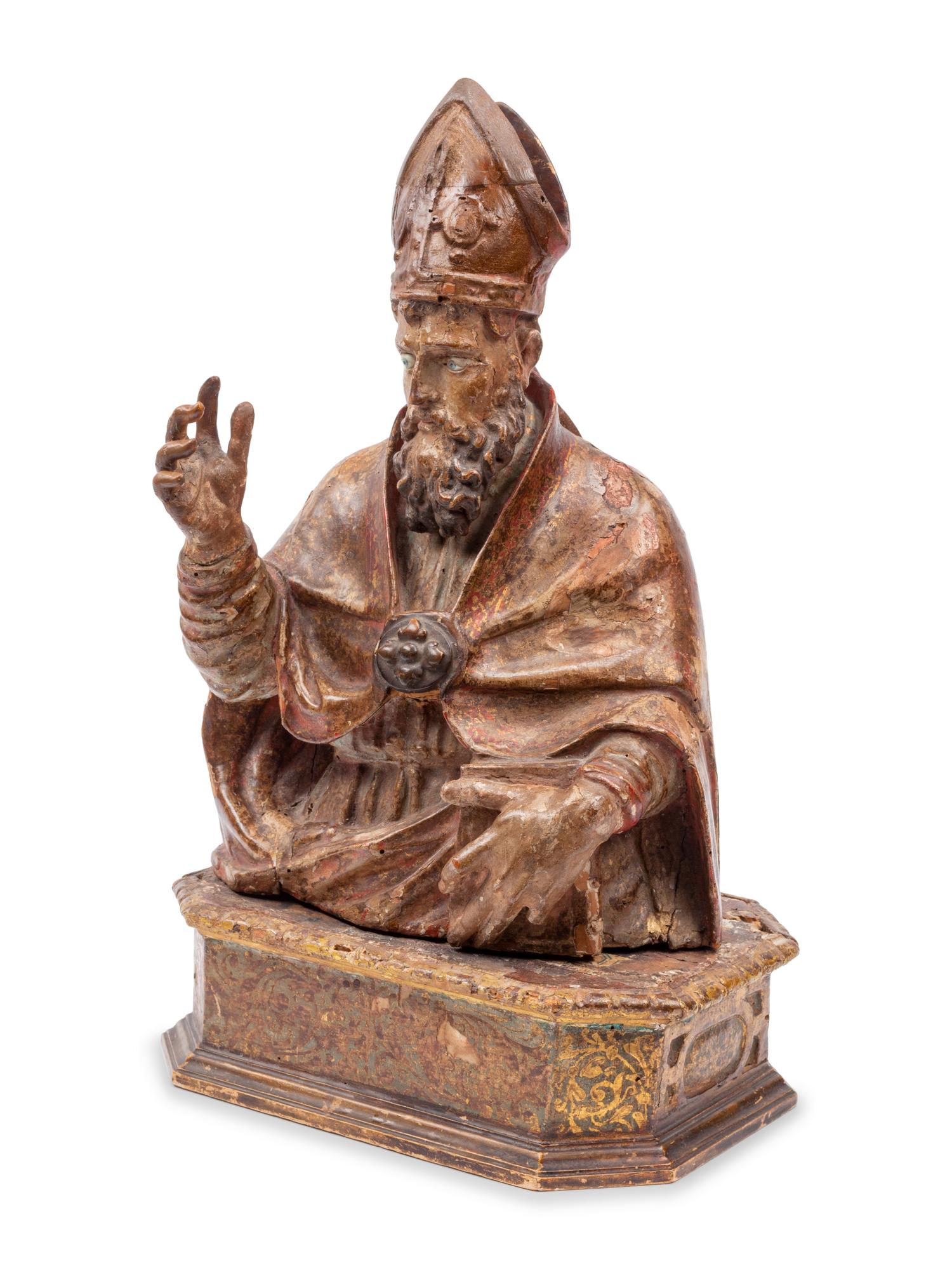 A Continental Painted and Parcel Gilt Bust of a Saint