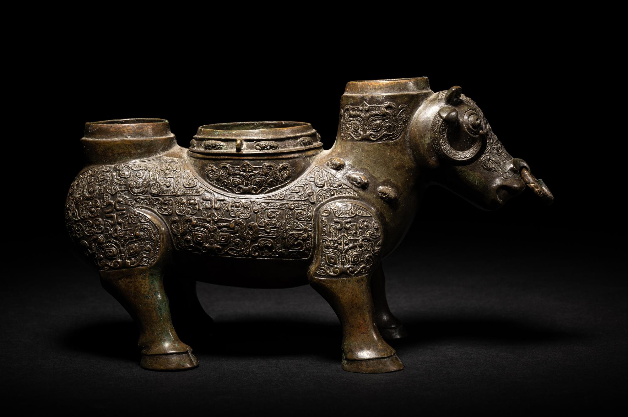 A Chinese Archaistic Style Bronze Bull-Form Wine Warmer