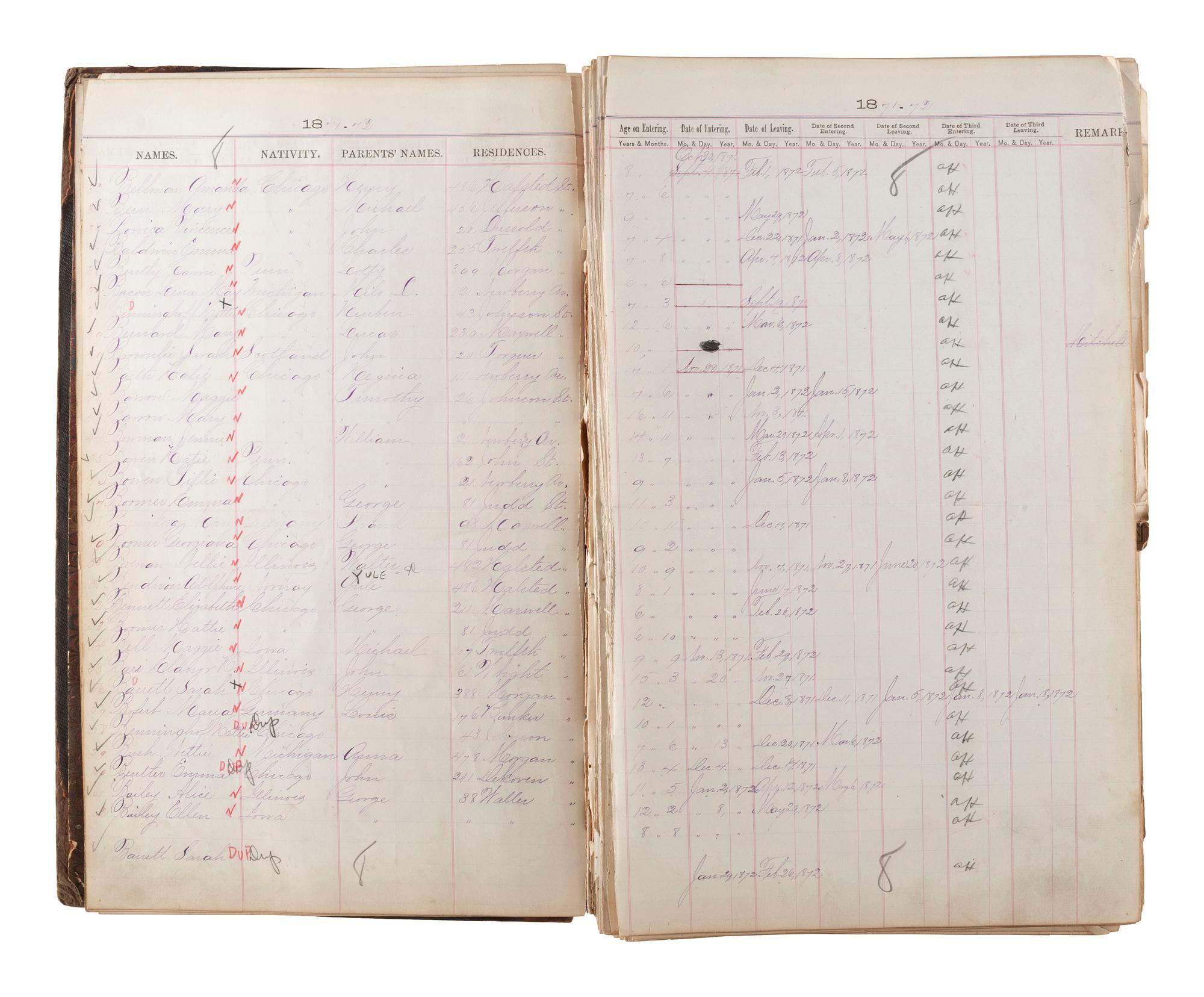 [CHICAGO FIRE]. Register of Admissions and Discharges in the Foster School, Chicago, Illinois, 1871-1872.