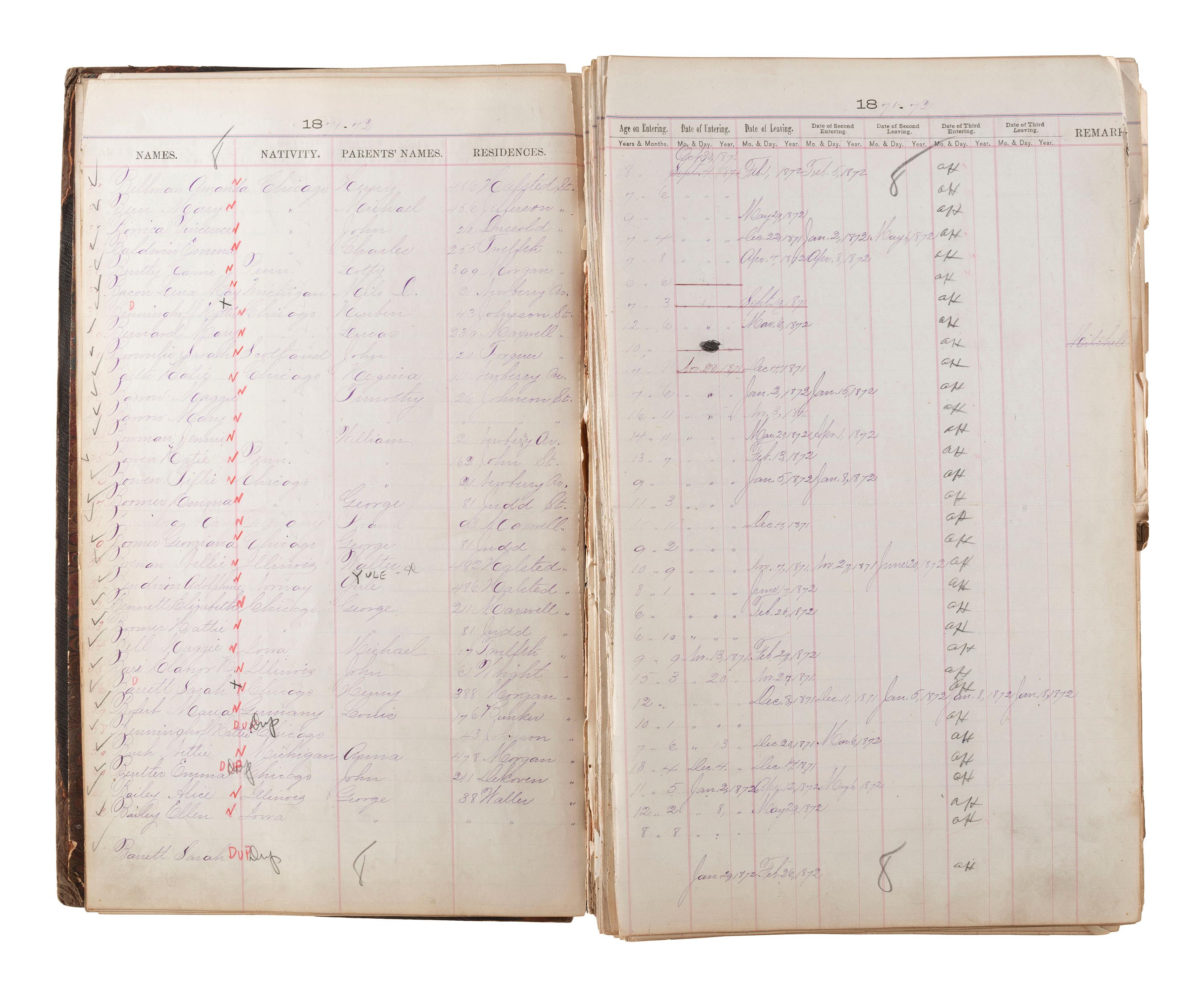 [CHICAGO FIRE]. Register of Admissions and Discharges in the Foster School, Chicago, Illinois, 1871-1872.