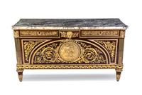 A Louis XVI Style Gilt Bronze Mounted Commode a Vantaux, LATE 19TH/EARLY 20TH CENTURY, Height 69 1/8 x width 69 5/8 x depth 25 5/8 inch — AFTER THE MODEL BY GUILLAUME BENNEMAN, LATE 19TH/EARLY 20TH CENTURY,