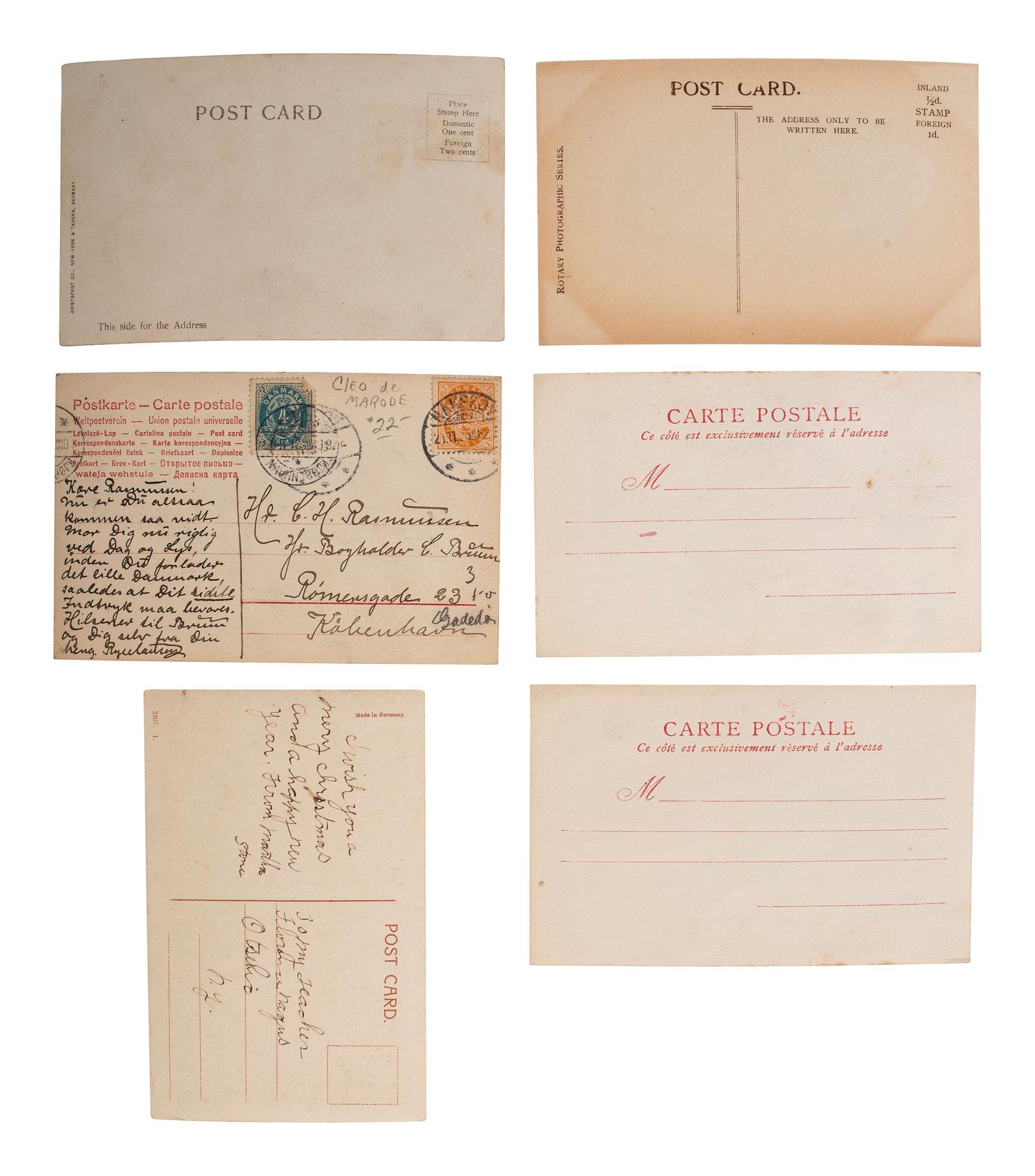 [EARLY PHOTOGRAPHY]. A group of 59 real photo postcards, featuring artfully posed images of women, famous subjects, and genre scenes celebrating romance and the holiday season.