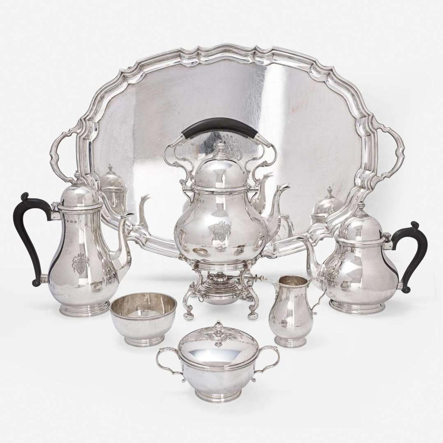 A Modern Six-Piece Sterling Silver Coffee and Tea Service with Tray Ellis & Co, Birmingham, 1954