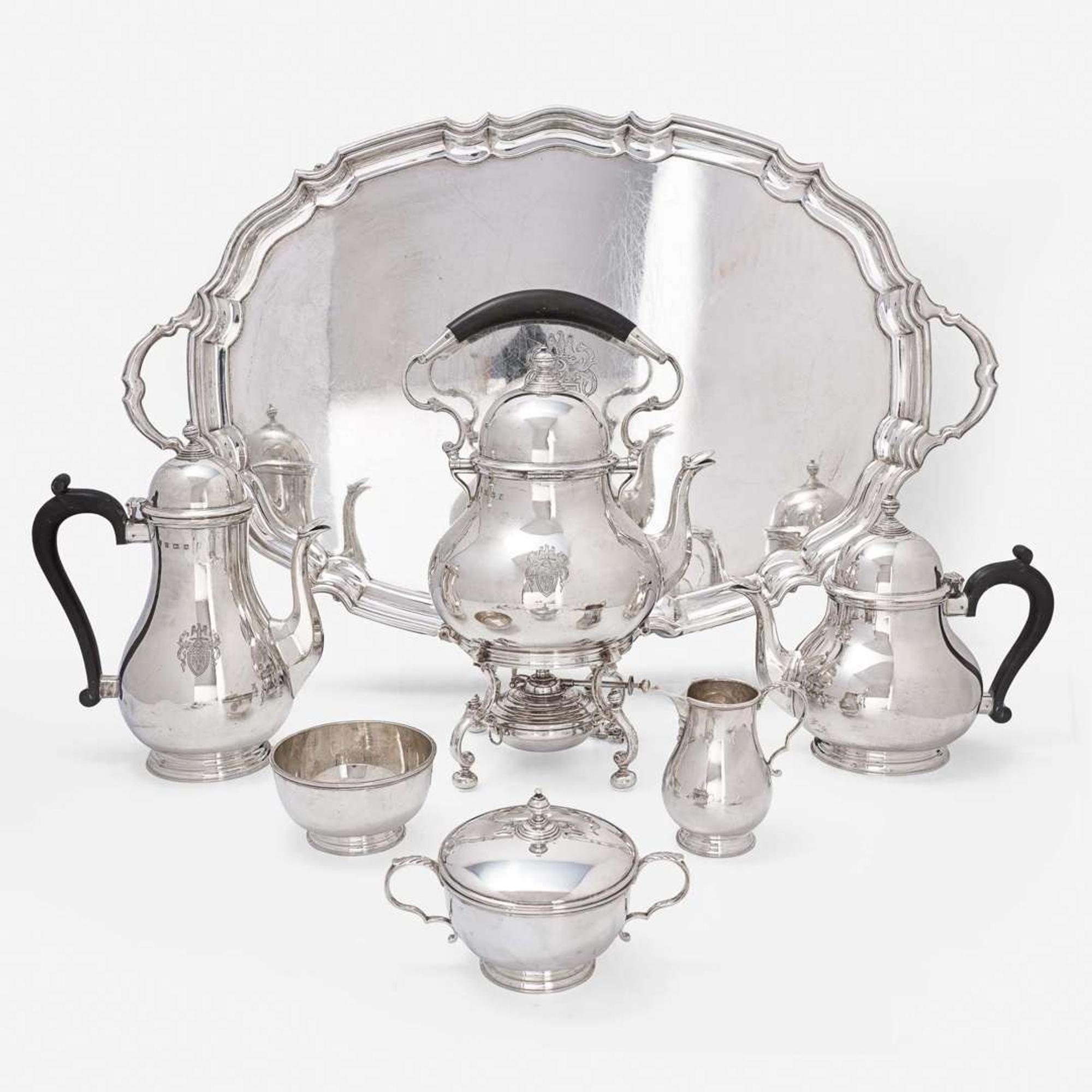 A Modern Six-Piece Sterling Silver Coffee and Tea Service with Tray Ellis & Co, Birmingham, 1954