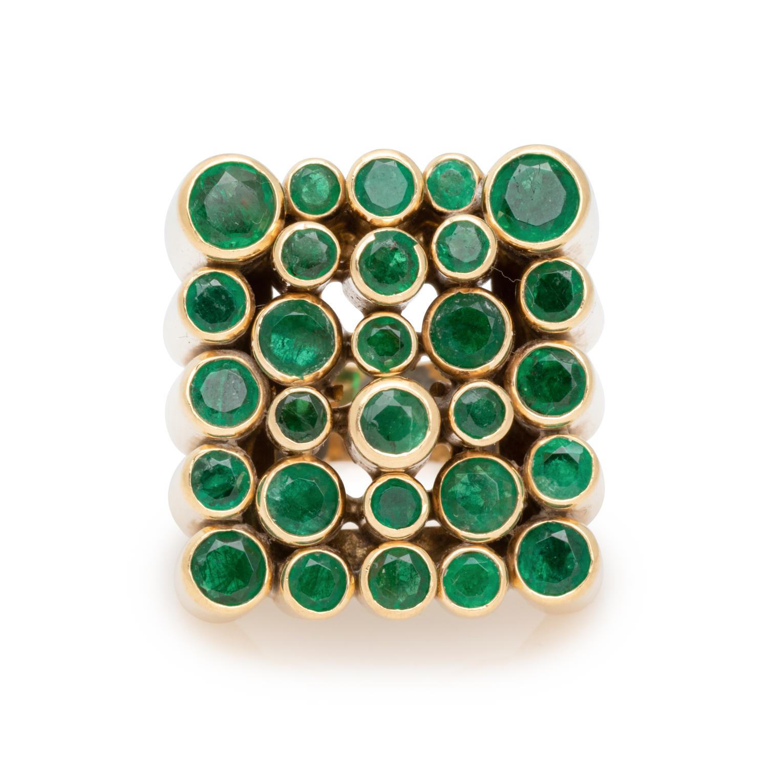 MODERNIST, YELLOW GOLD AND SYNTHETIC EMERALD RING