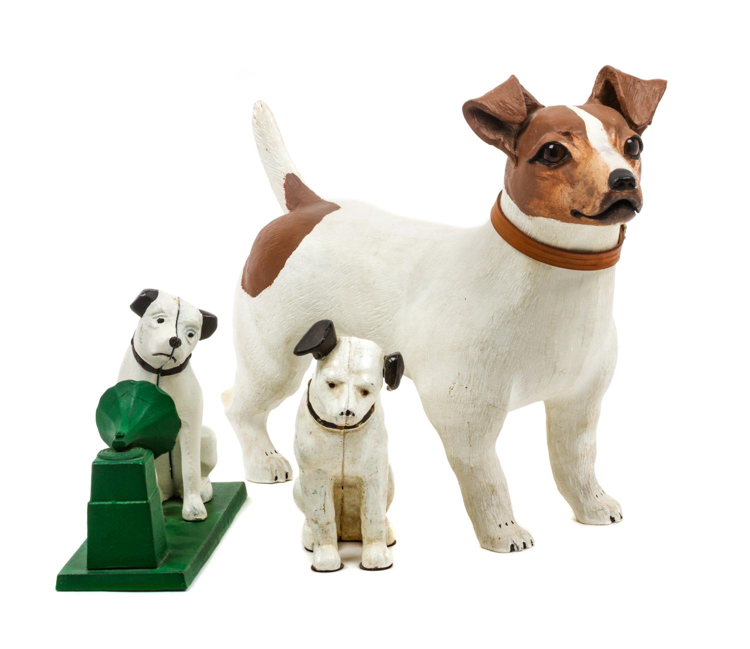 Three Dog Figures of Various Breed Width of widest 16 1/2 inches.