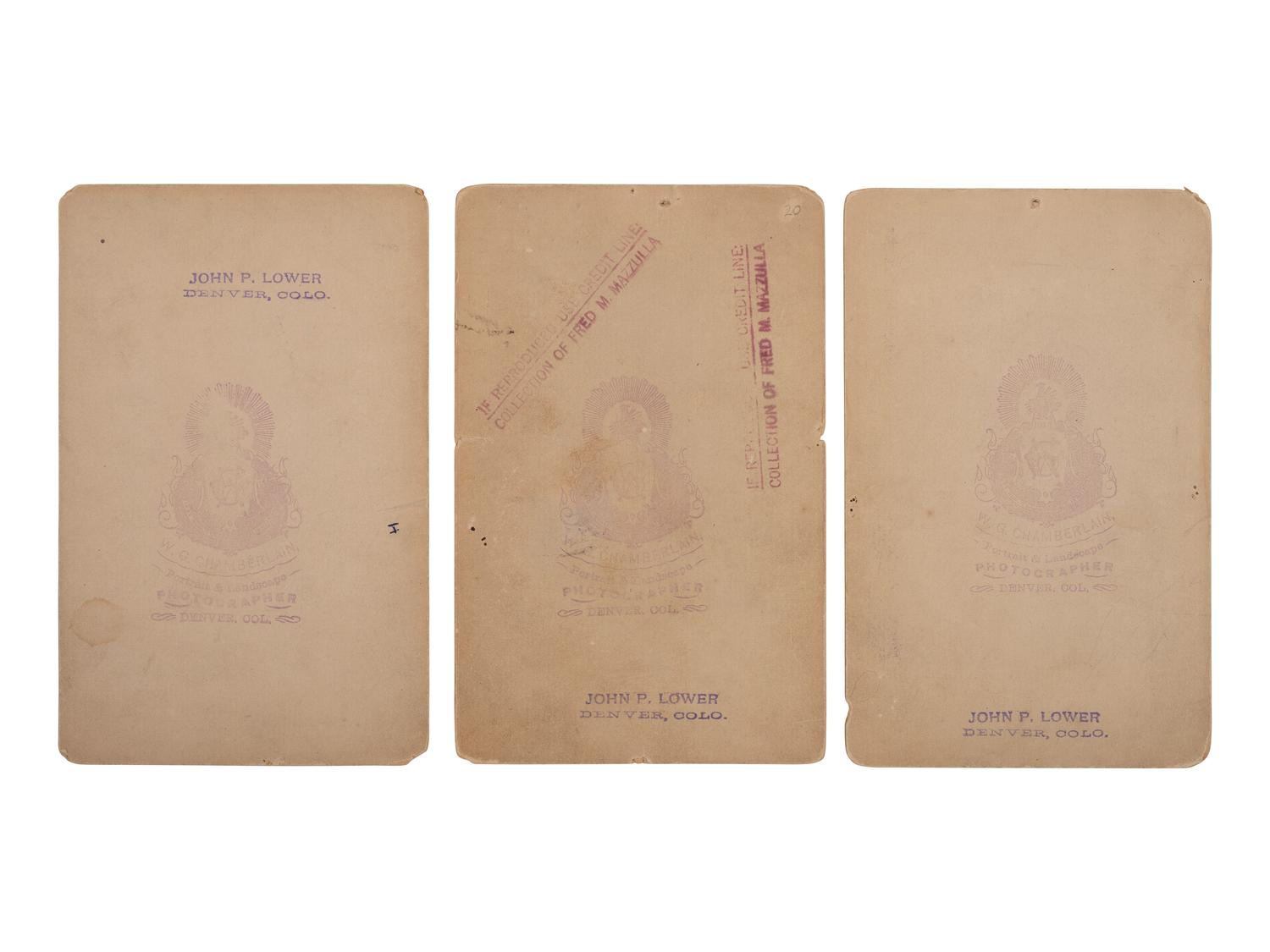 [INDIAN WARS]. 3 cabinet cards of Ute Chiefs involved with the Battle of Milk Creek, incl. Chiefs Canavish (Johnson), Quinkent (Douglass), and Colorow. Denver, CO: W.G. Chamberlain, ca 1870s.