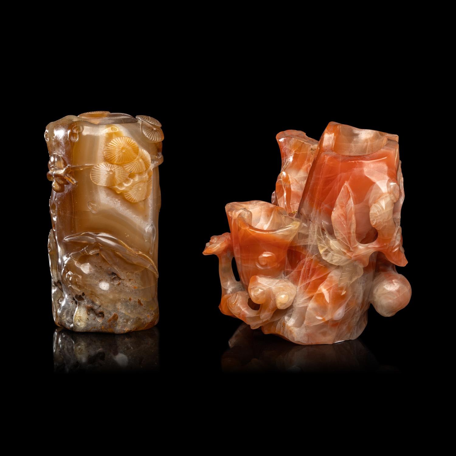 Two Chinese Carved Agate Brushpots, Bitong 瑪瑙筆筒兩件