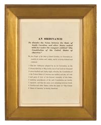 [CIVIL WAR - SOUTH CAROLINA ACT OF SECESSION]. An Ordinance. To dissolve the Union between the State of South Carolina and other States... N.p., [Charleston: Evans & Cogswell?] n.d. [ca 20 September 1860].