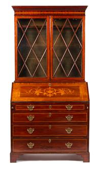 A George III Style Inlaid Mahogany Secretary Bookcase Height 88 x width 35 x depth 20 inches. — LATE 19TH CENTURY