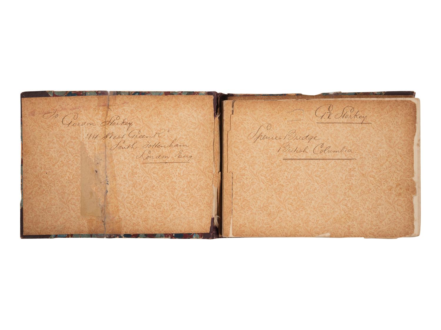 [NATIVE AMERICAN] -- [GOLD RUSH]. An album of watercolor drawings by prospector George V. Storkey (ca 1867-1942) depicting British Columbian Indigenous objects, likely related to the Nlaka’pamux, ca late 1890s-early 1900s.