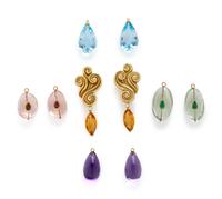 YELLOW GOLD SWIRL EARRINGS WITH FIVE PAIRS OF INTERCHANGEABLE GEMSTONE DROPS