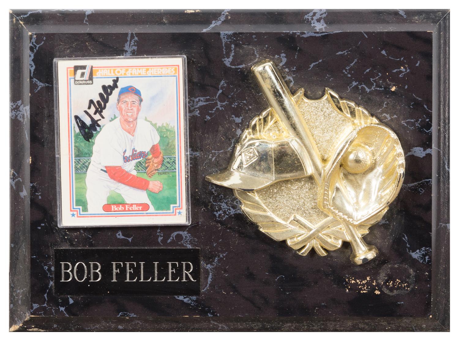 A Bob Feller Autographed Baseball Card Card 3 1/2 x 2 1/2 inches.