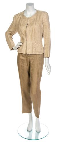 A Chanel Taupe Silk Tulle 'Inside Out' Jacket and Pant Ensemble, Jacket size 44, pants size 44.