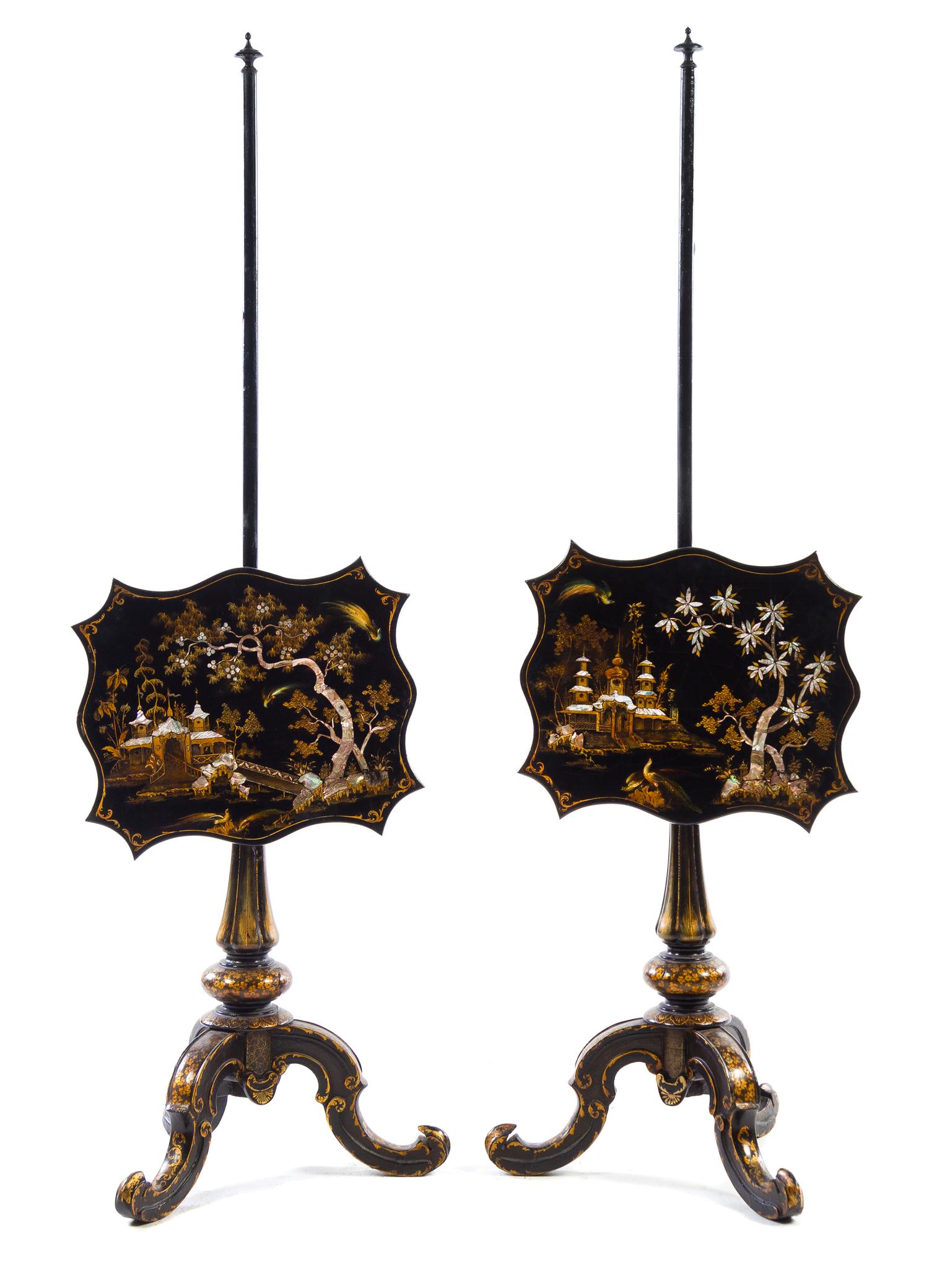 A Pair of Ebonized and Mother-of-Pearl Inlaid Pole Screens Height 53 1/4 inches. — LATE 19TH/EARLY 20TH CENTURY