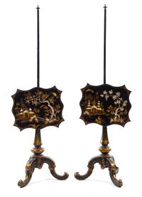 A Pair of Ebonized and Mother-of-Pearl Inlaid Pole Screens Height 53 1/4 inches. — LATE 19TH/EARLY 20TH CENTURY