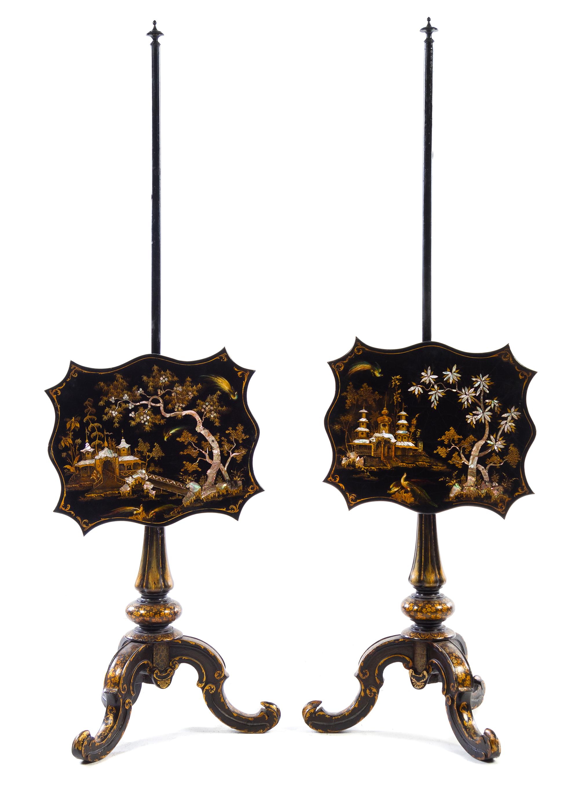 A Pair of Ebonized and Mother-of-Pearl Inlaid Pole Screens Height 53 1/4 inches. — LATE 19TH/EARLY 20TH CENTURY