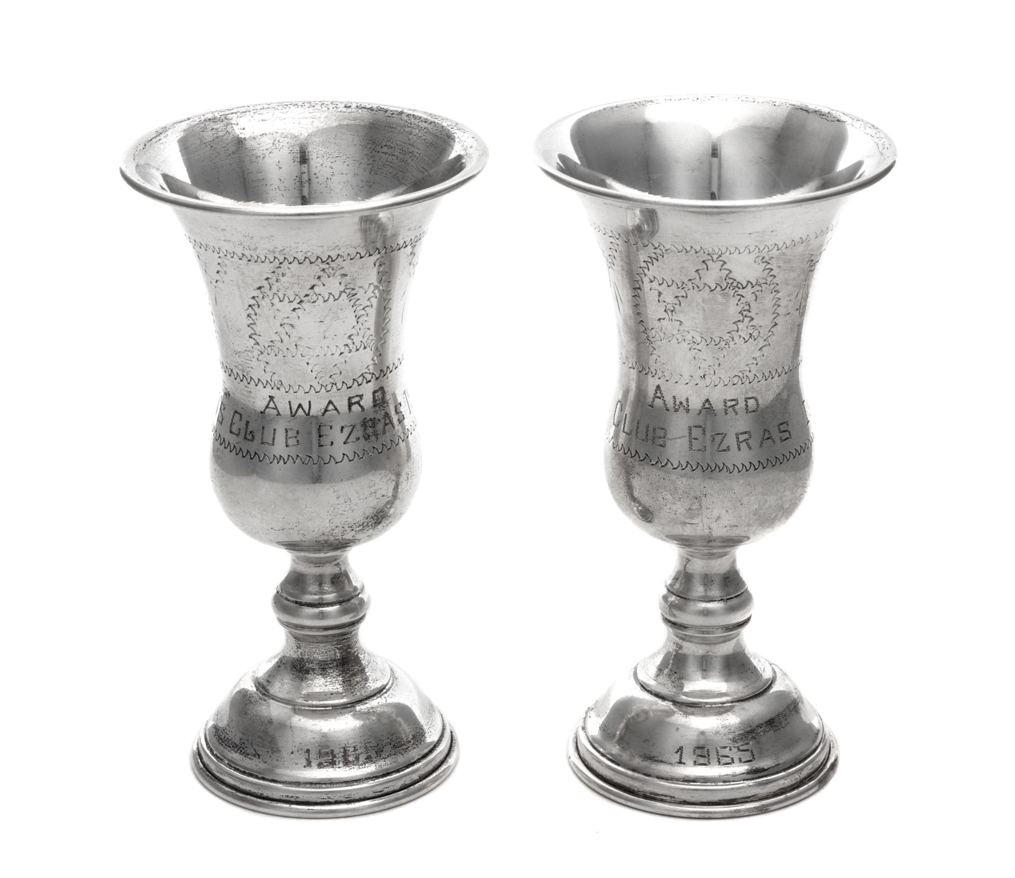 A Pair of American Silver Commemorative Kiddush Cups, Eastern Sterling Co., New York, NY, Mid-20th Century, the bell form bowl having w