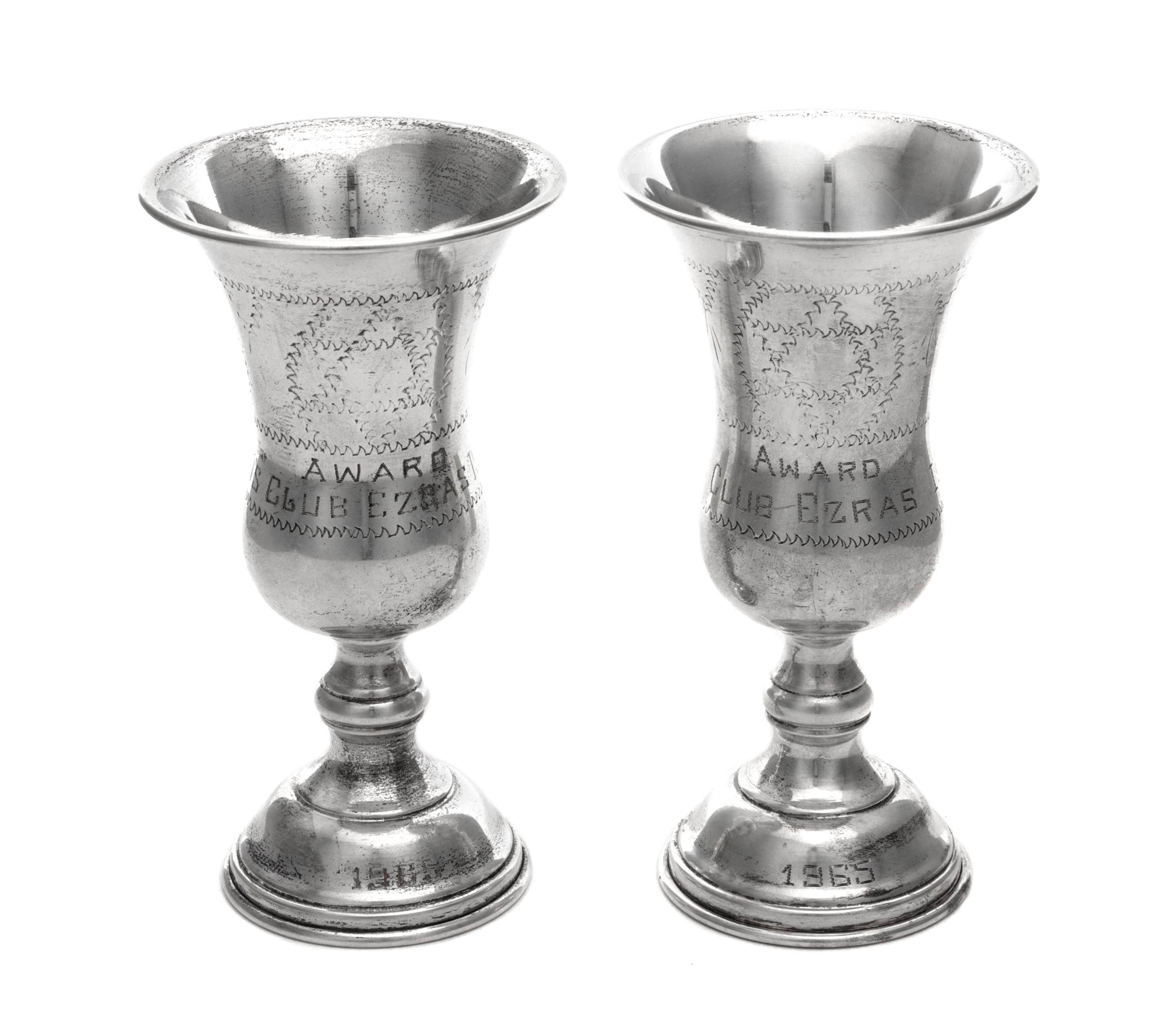 A Pair of American Silver Commemorative Kiddush Cups, Eastern Sterling Co., New York, NY, Mid-20th Century, the bell form bowl having w