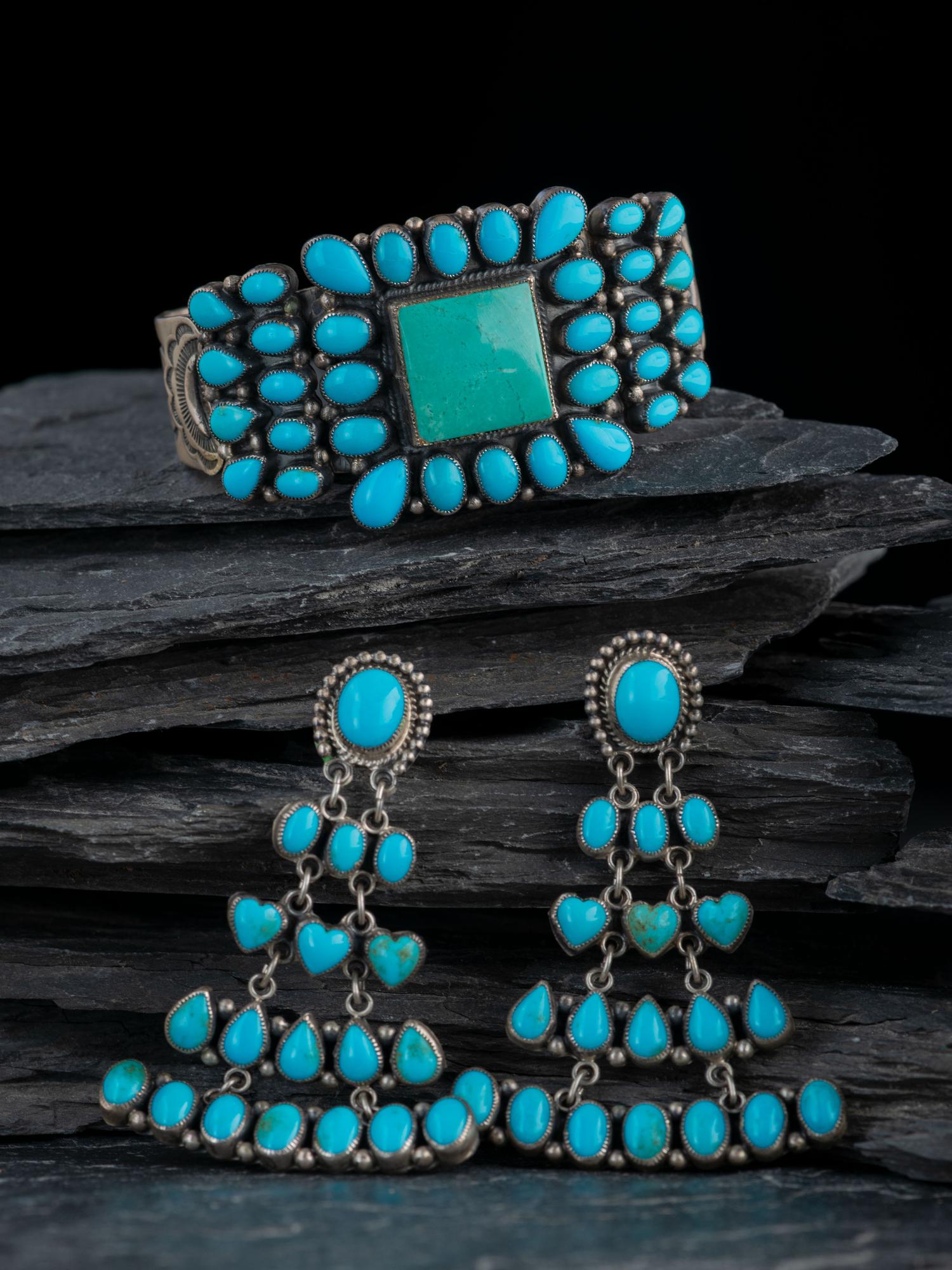Southwestern-style Sterling Silver and Turquoise Cluster Cuff Bracelet and Earrings
