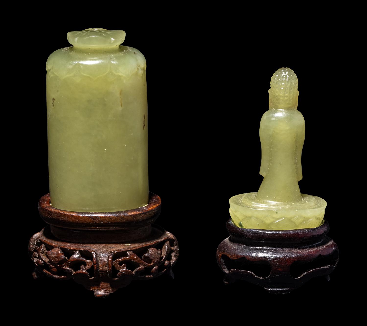 A Small Chinese Yellow Jade Figure of Buddha and Shrine