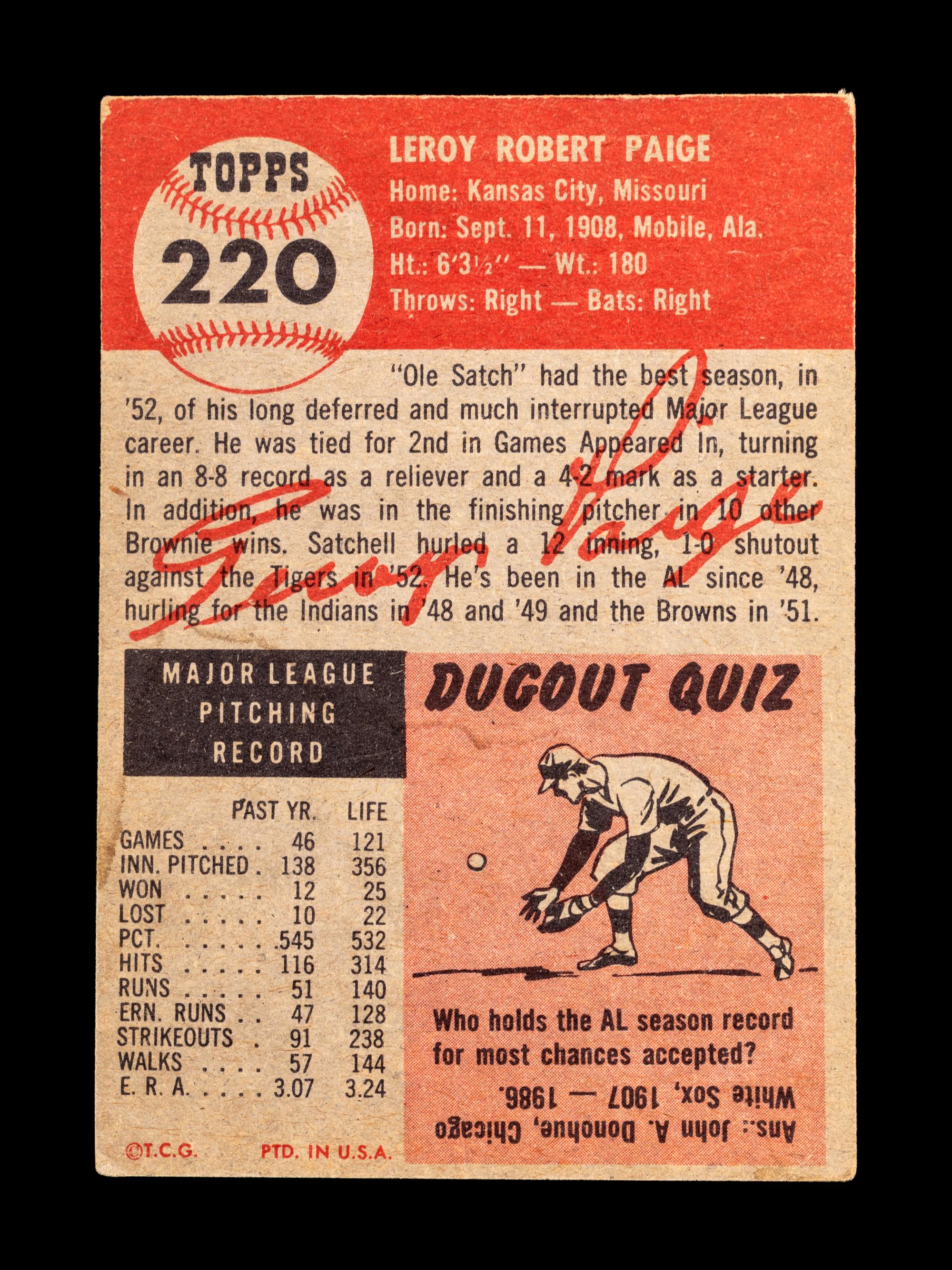 A 1953 Topps Satchel (Satchell) Paige Baseball Card No. 220