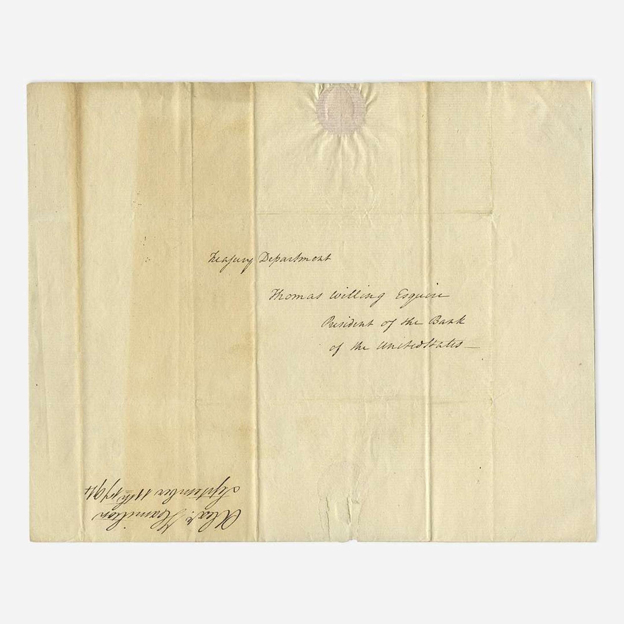 [Hamilton, Alexander] [First Bank of the United States] Letter, signed