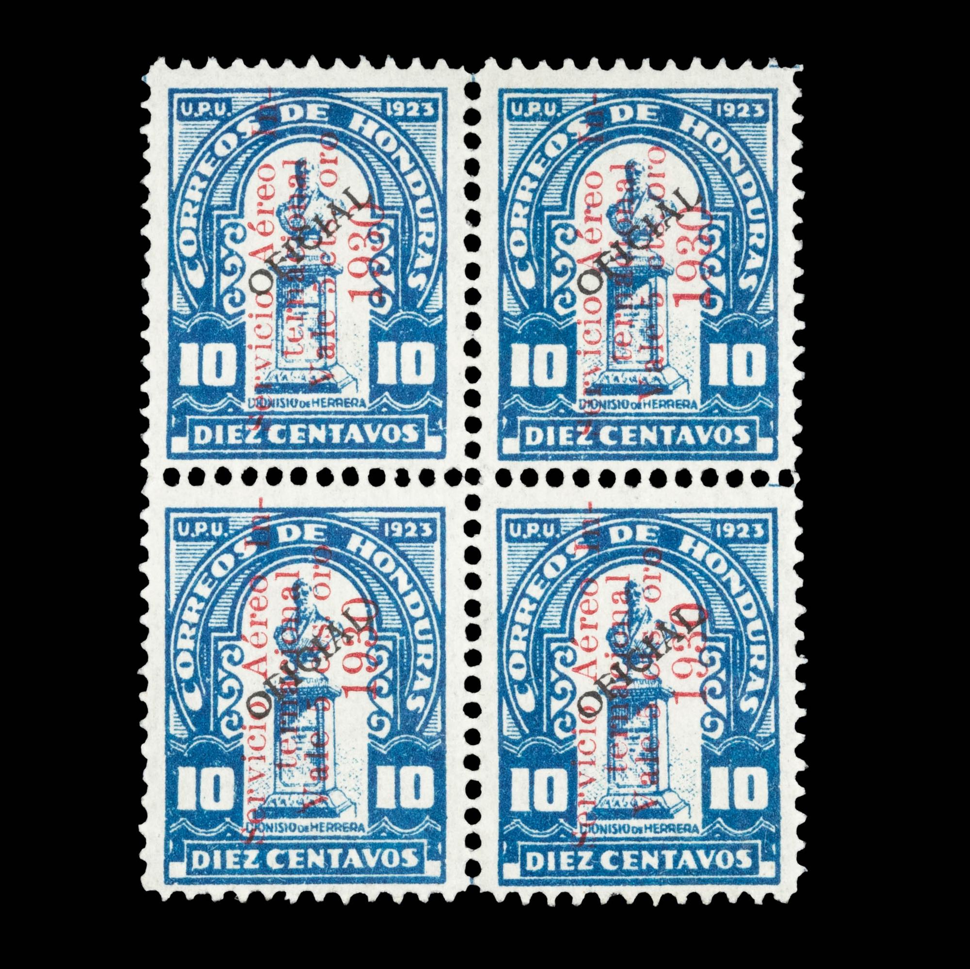 HONDURAS. Airmail. 1930. 5c on 10c. Blue Surcharged in Red (#C33), Block of Four