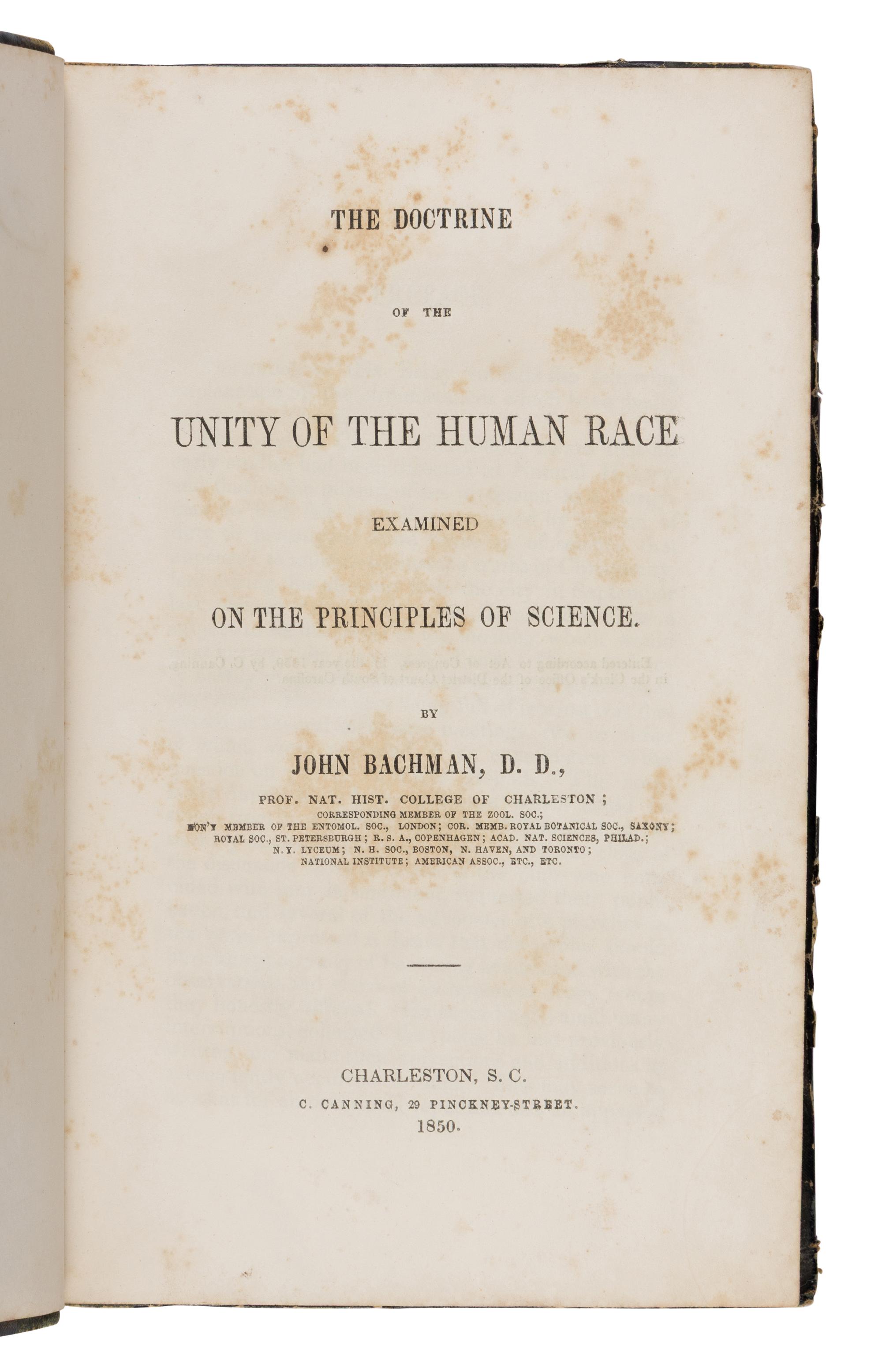 [Americana]. Bachman, John. The Doctrine of the Unity of the Human Race Examined on the Principles of Science