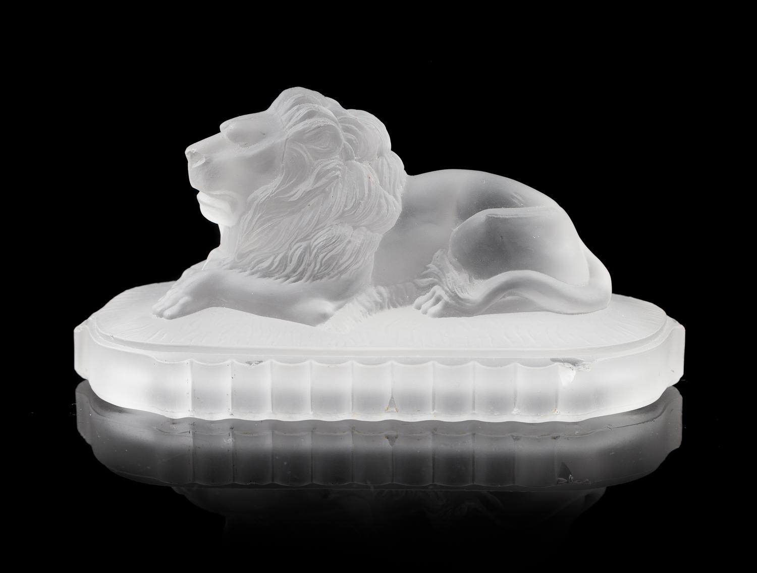 Gillinder Glass, New York, USA, an antique centennial exhibition molded frosted glass lion paperweight