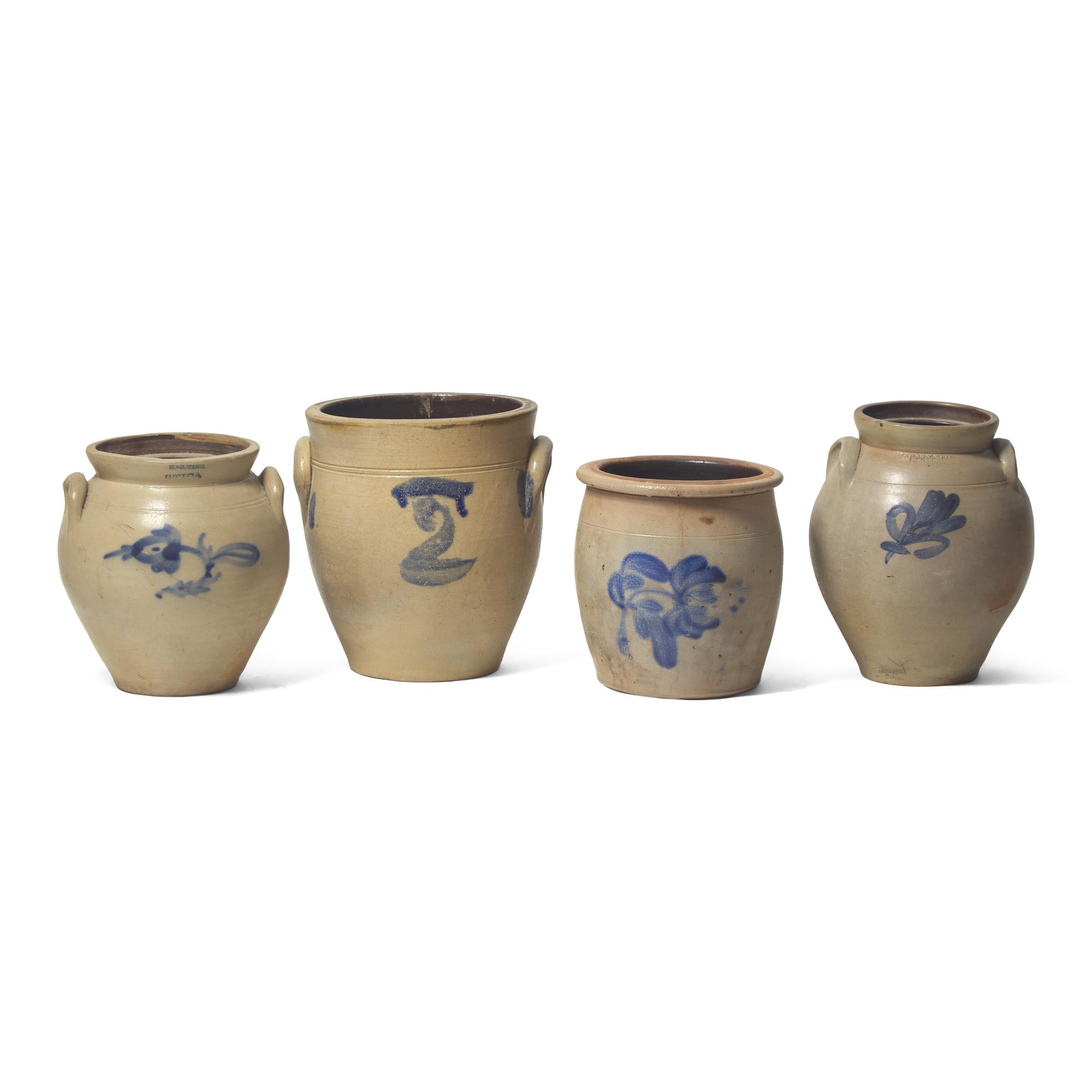 Four Small Cobalt-Decorated Stoneware Crocks