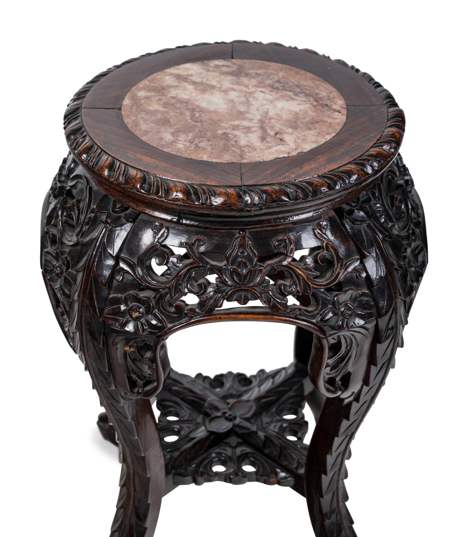 Two Chinese Marble-Inset Carved Hardwood Stands