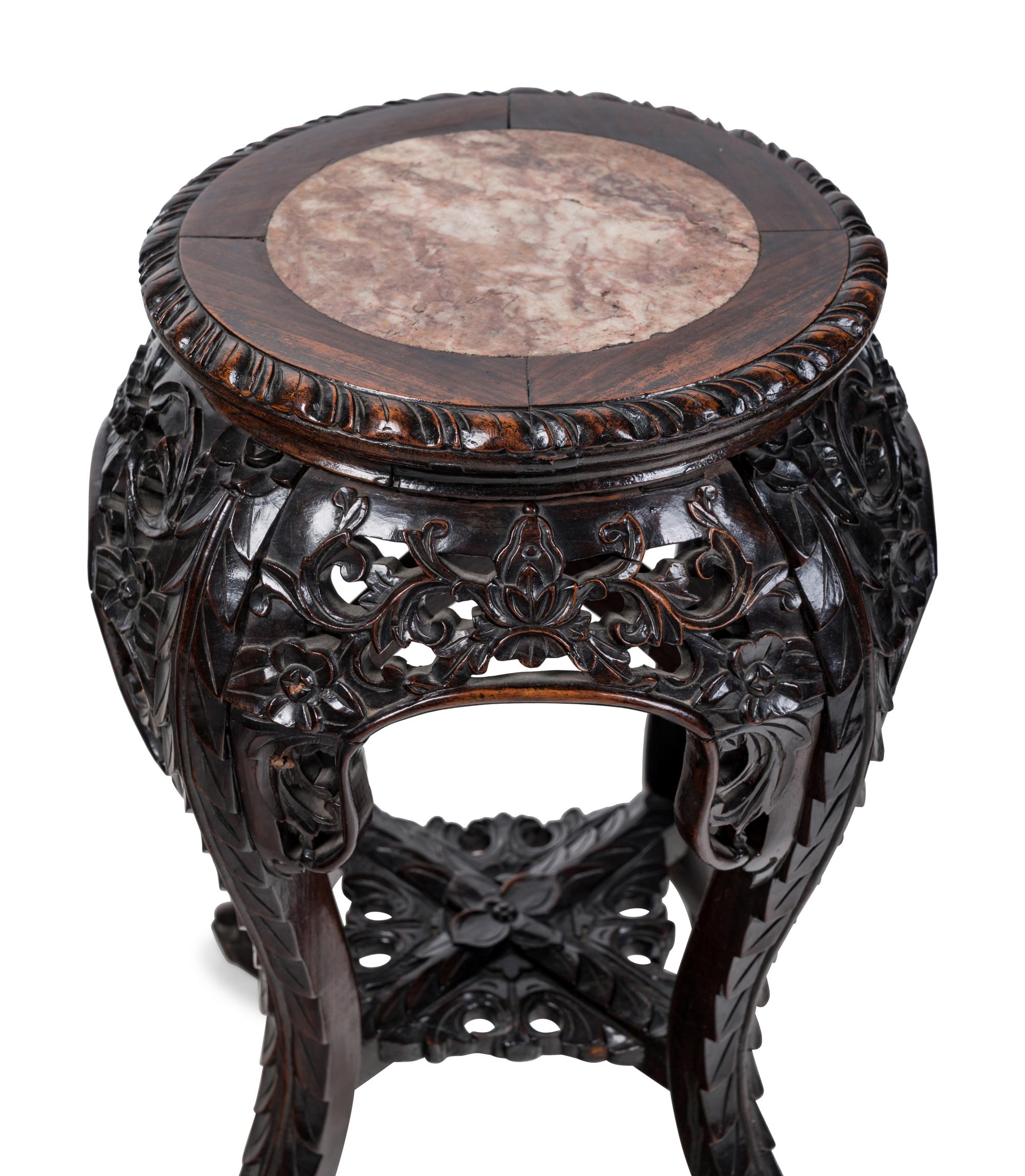 Two Chinese Marble-Inset Carved Hardwood Stands