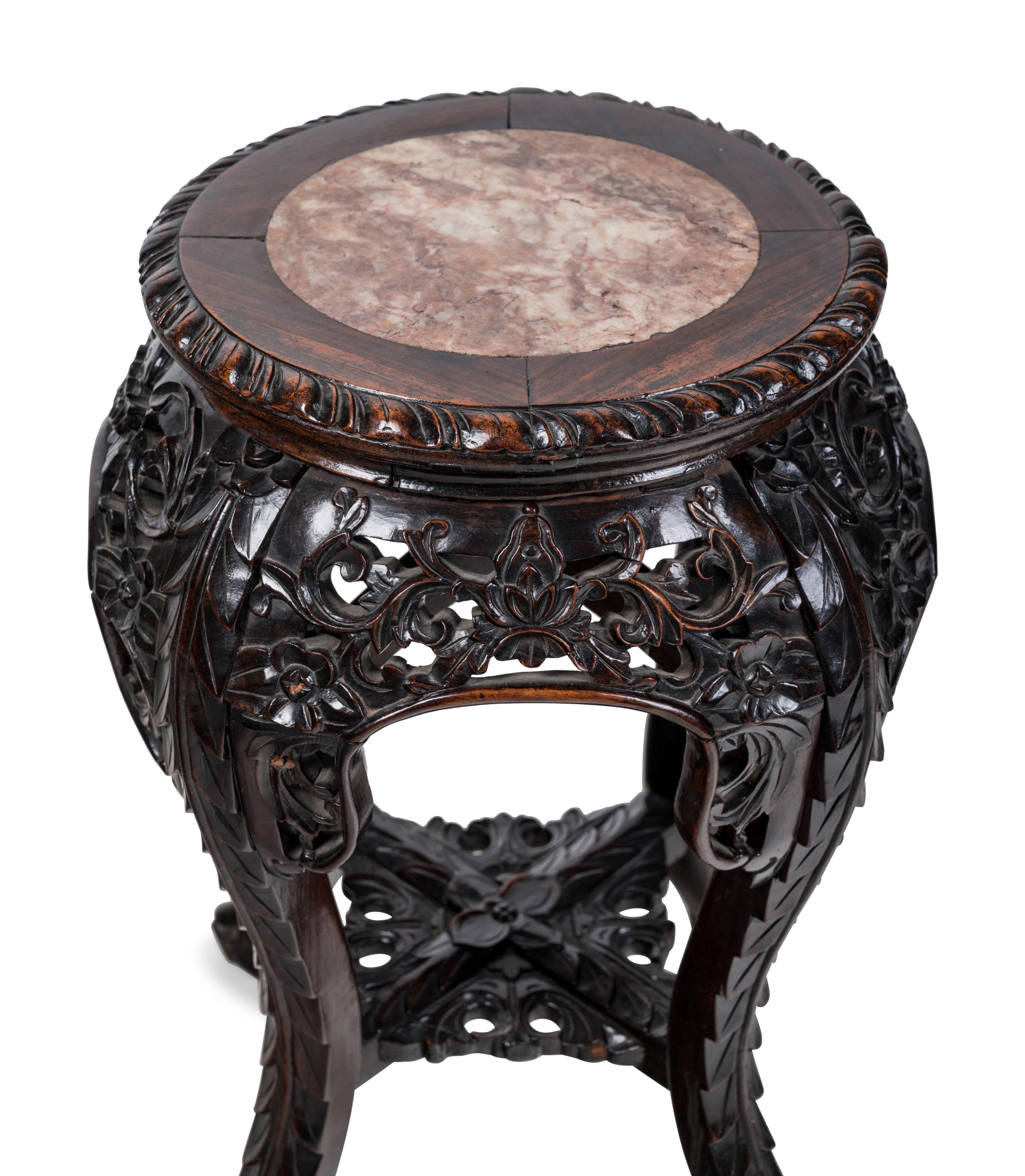 Two Chinese Marble-Inset Carved Hardwood Stands