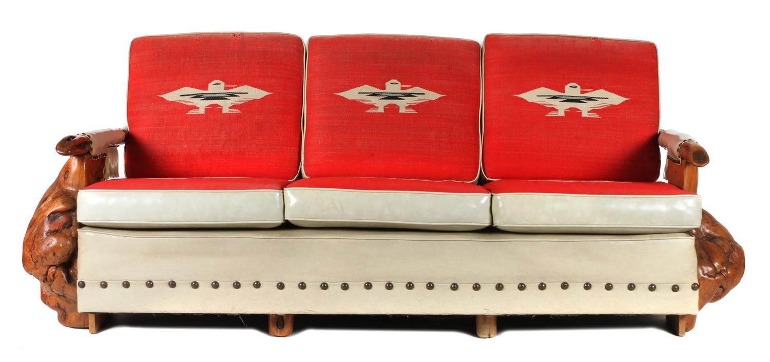 Western Style Burled Wood Sofa by Uptown Furniture Company Height 33 x width 81 x depth 25 inches