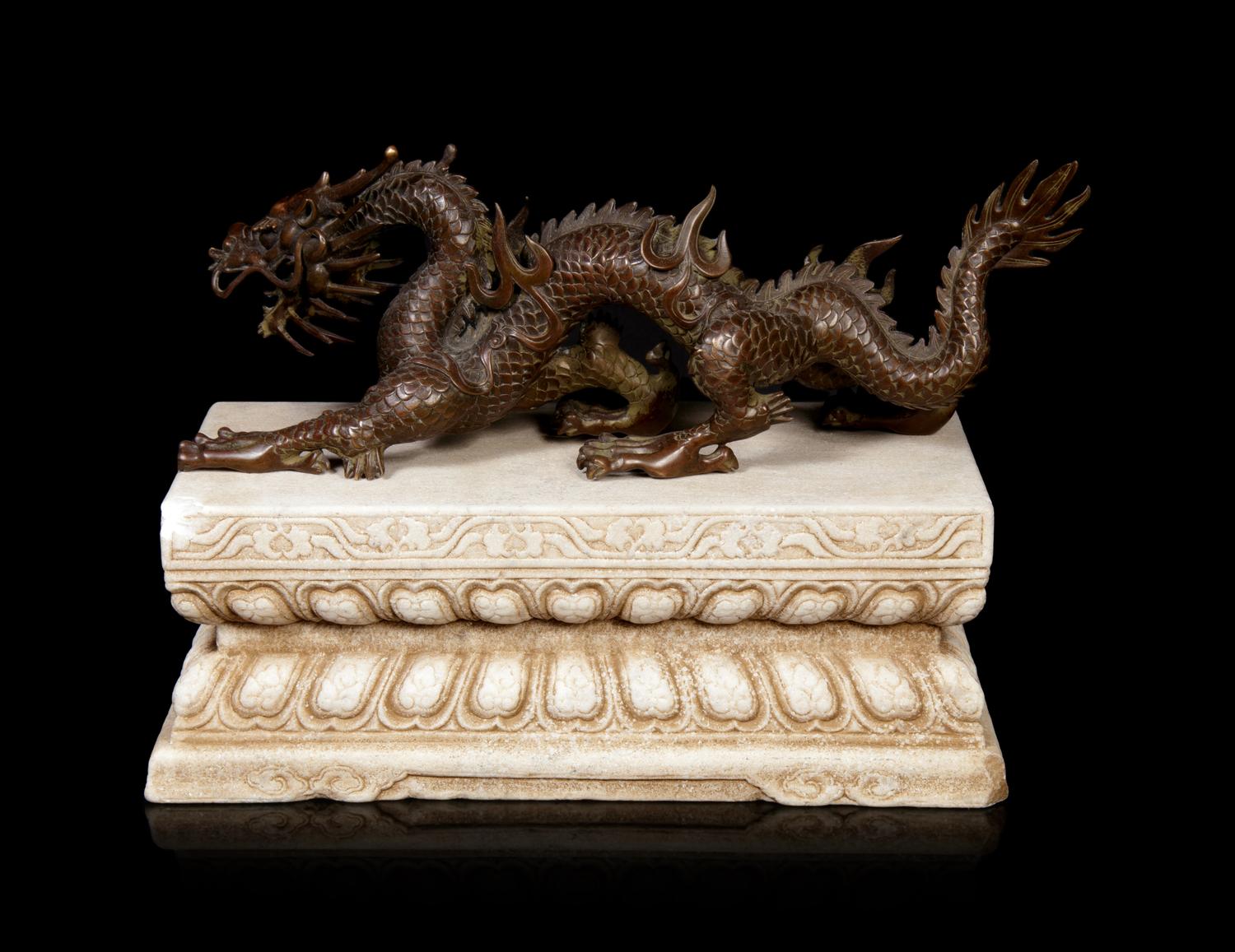 A Large Chinese Bronze Dragon and Stone Base